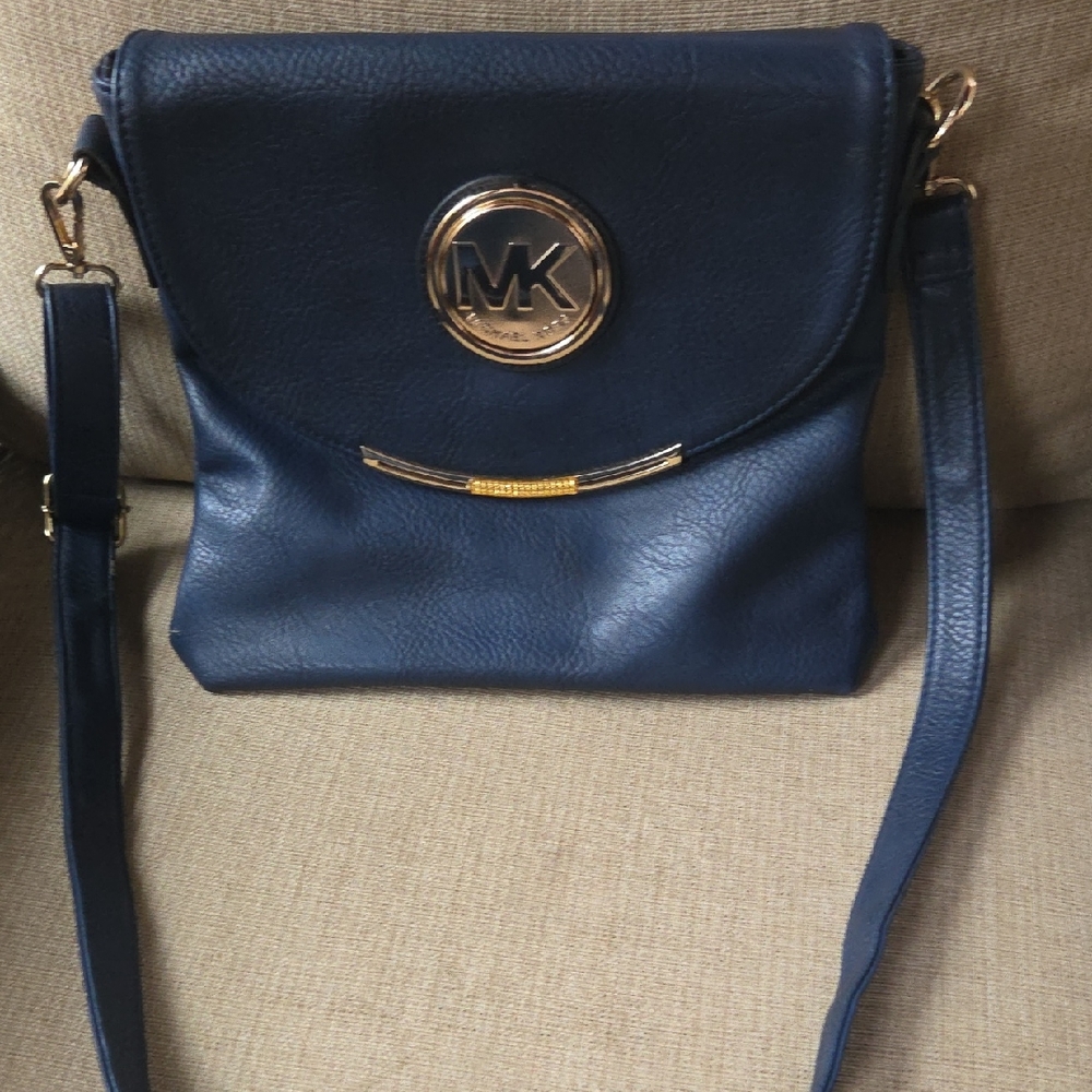 Michael Kors Navy Blue Leather Crossbody Bag with Gold Hardware